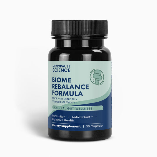 Supplement bottle labeled 'Biome Rebalance Formula' by Menopause Science on a white background